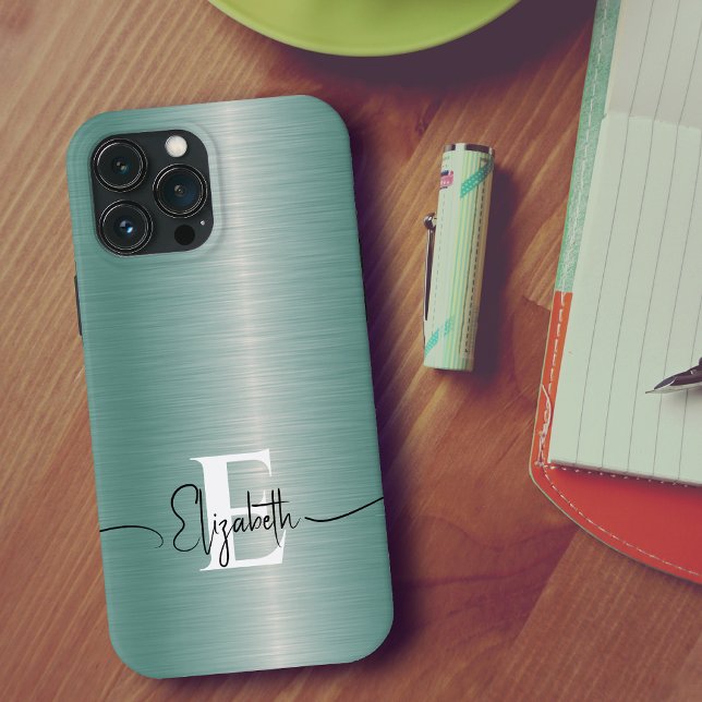 Coques Case-Mate iPhone Élégant et moderne bleu brossé monogramme métalliq (Créateur téléchargé)