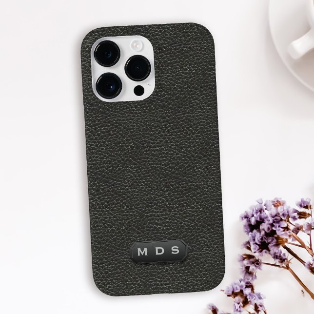 Coques Case-Mate iPhone Elégant Faux cuir noir look Monogramme (A classic and timeless black faux leather look phone case with space for your initials)