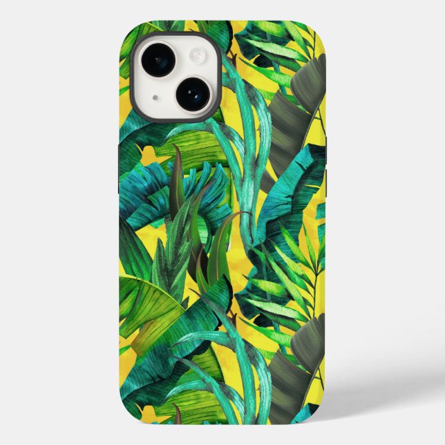 Coques Case-Mate iPhone Élégant feuille vert tropical motif jaune (Verso)