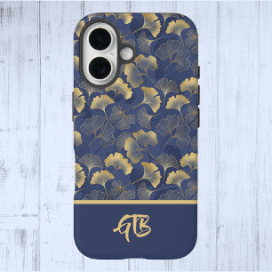Coque Pour iPhone 16 Élégant Feuilles Blue Gold Ginkgo avec le nom Mono