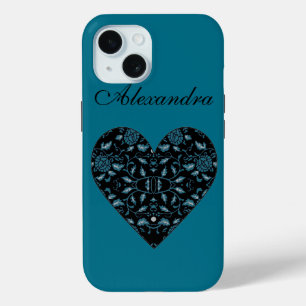 Coque Case-Mate iPhone Elégant Fleur Noir et Turquoise Damas Coeur