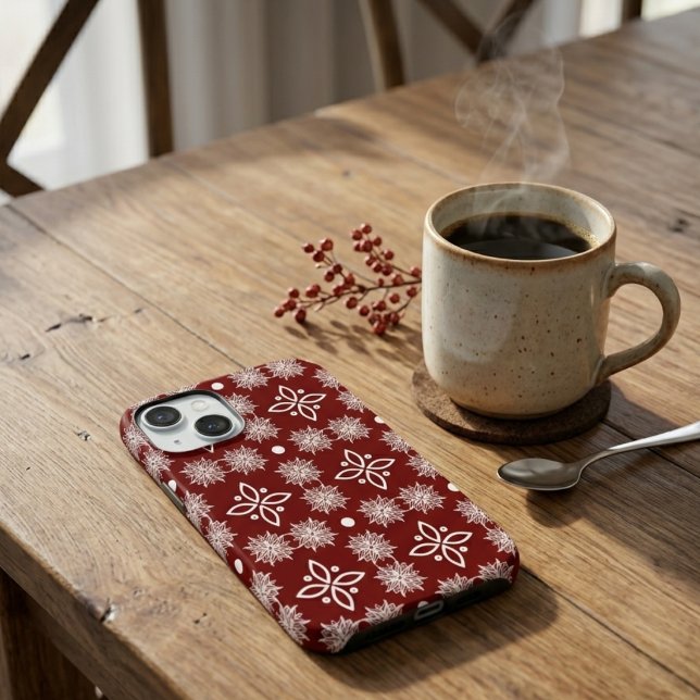 Coques Case-Mate iPhone Élégant flocon de neige damassé floral bordeaux (Créateur téléchargé)