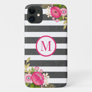 Case-Mate iPhone Case Élégant floral noir blanc rayure Monogramme
