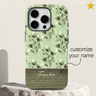 Coque iPhone 16 Pro Élégant floral vert Grain de bois Nom personnalisé