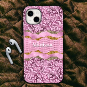 Coque Case-Mate iPhone Élégant glitterie florale Monographie d'or rose vi
