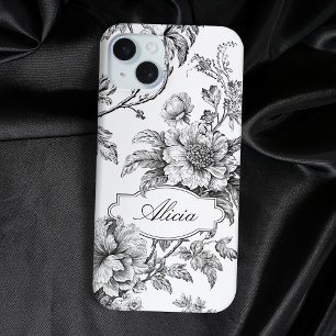 Coque Case-Mate iPhone Élégant gravé B&W Floral avec nom ou monogramme