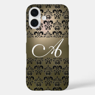 COQUE POUR iPhone 16 ÉLÉGANT GRAY BLACK DAMASK MONOGRAM