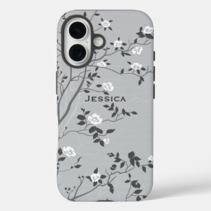 Coque Pour iPhone 16 Elégant Gris Arbre Fleur Art Personnalisé