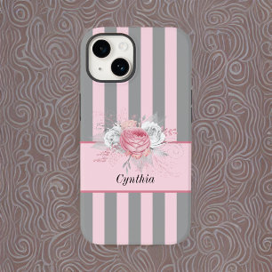 Coque Case-Mate iPhone Elégant Gris et rose rayures et fleurs