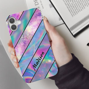 Coque Pour iPhone 16 élégant holographique chic rose rose rayé