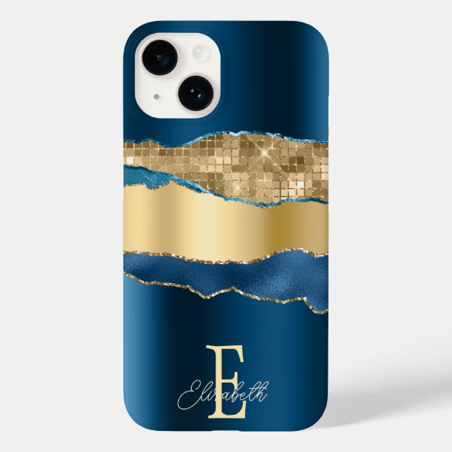 Coques Case-Mate iPhone Élégant Indigo Blue Agate Gold Sequins (Verso)