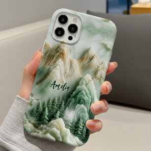 Coque iPhone 16 Pro Élégant jade vert montagnes chinoiserie monogramme