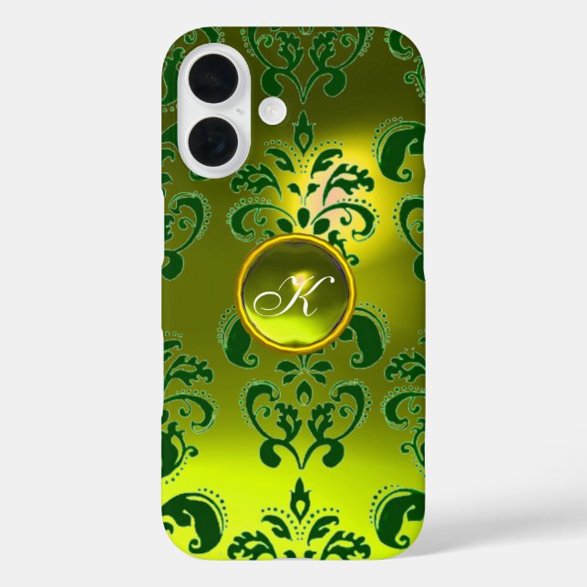 COQUES Case-Mate iPhone ÉLÉGANT JAUNE DOMMASQUE VERT MONOGRAMME EN PIERRE  (Verso)