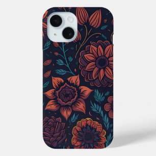 Coque Case-Mate iPhone Élégant joli moderne Art floral rouge et bleu fonc