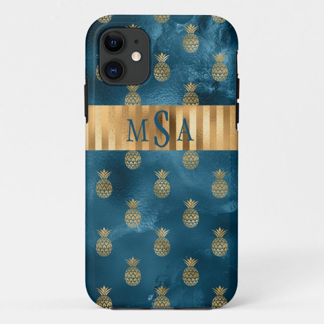 Coques Case-Mate iPhone Élégant métal Turquoise d'ananas Monogramme (Dos)