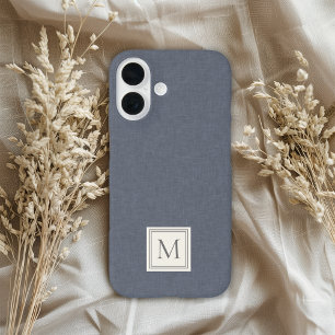 Coque Pour iPhone 16 Élégant Minimaliste Bleu Gris Faux Lin Monogramme