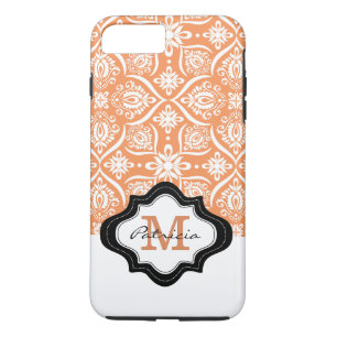 Coque Case-Mate iPhone Élégant modèle de damas orange Monogramme perso