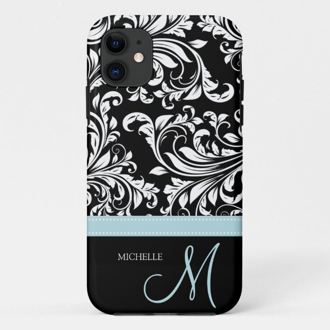 Coques Case-Mate iPhone Elégant modèle noir & blanc Damask avec Monogramme (Dos)