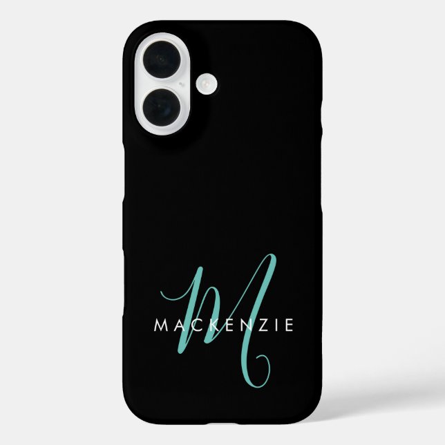Coques Case-Mate iPhone Elegant Modern Black Teal Script Monogram (Verso)