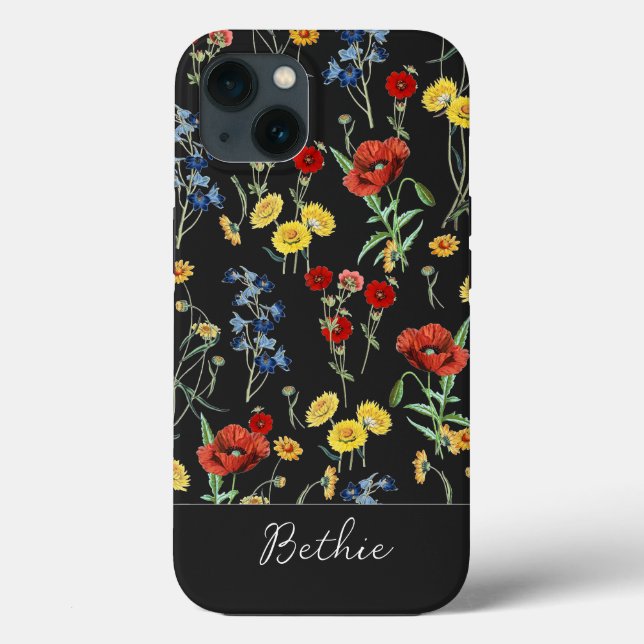 Coques Case-Mate iPhone Élégant Moderne Cute Fleurs sauvages Nom Noir (Verso)