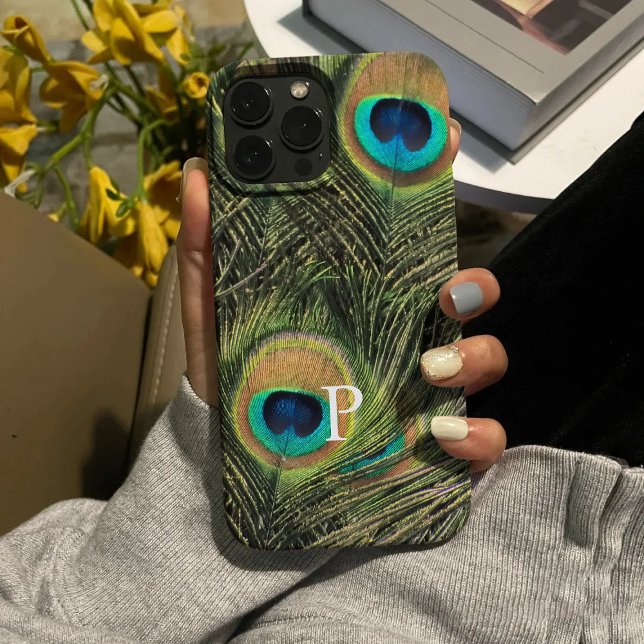 Coques Case-Mate iPhone Élégant moderne Peacock Feather Monogramme Télépho (Créateur téléchargé)