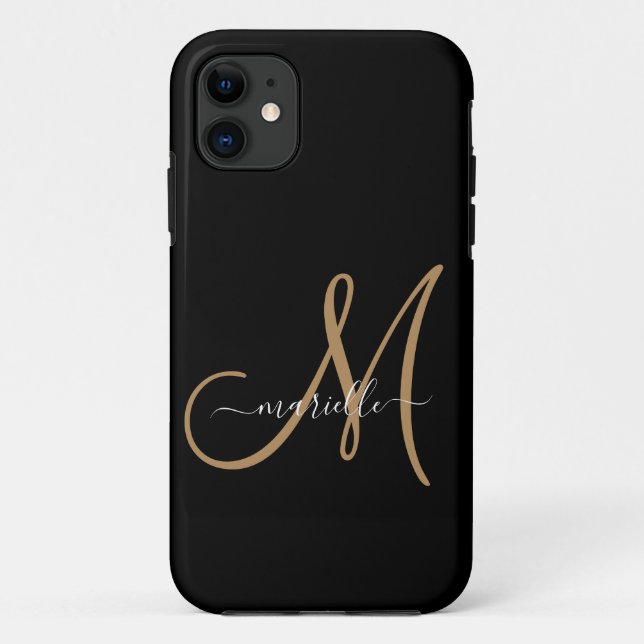 Coques Case-Mate iPhone Élégant Monogram Black Gold Nom (Dos)