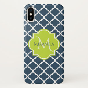 Etui iPhone Case-Mate Élégant Monogram Marine Green Quatrefoil et nom