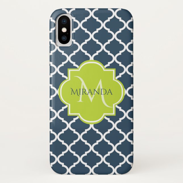 Coques Case-Mate iPhone Élégant Monogram Marine Green Quatrefoil et nom (Dos)