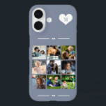 Coque Pour iPhone 16 Élégant monogramme 9 photo collage bleu<br><div class="desc">Ajoutez neuf images famille,  enfants,  animaux de compagnie ou meilleures amies et créez votre propre étui photo collage téléphone avec votre nom monogramme initial dans un coeur blanc sur un arrière - plan bleu poussiéreux.                  Facile à personnaliser avec vos images et votre lettre de carré personnalisées</div>