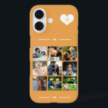 Coque Pour iPhone 16 Élégant monogramme 9 photo collage orange<br><div class="desc">Ajoutez neuf images famille,  enfants,  animaux de compagnie ou meilleures amies et créez votre propre étui photo collage téléphone avec votre nom monogramme initial à l'intérieur d'un coeur blanc sur un arrière - plan orange.                  Facile à personnaliser avec vos images et votre lettre de carré personnalisées</div>