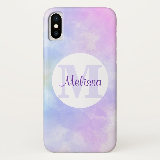 Coques Case-Mate iPhone Élégant Monogramme d'aquarelle bleu violet (Dos)
