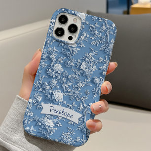 Coque iPhone 16 Pro Élégant monogramme de chinoiserie florale bleue
