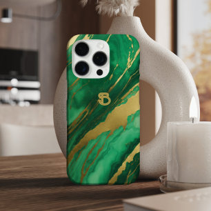 Coque iPhone 16 Pro Élégant Monogramme de marbre vert or