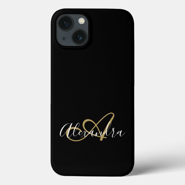 Coques Case-Mate iPhone Élégant monogramme de script doré noir féminin (Verso)
