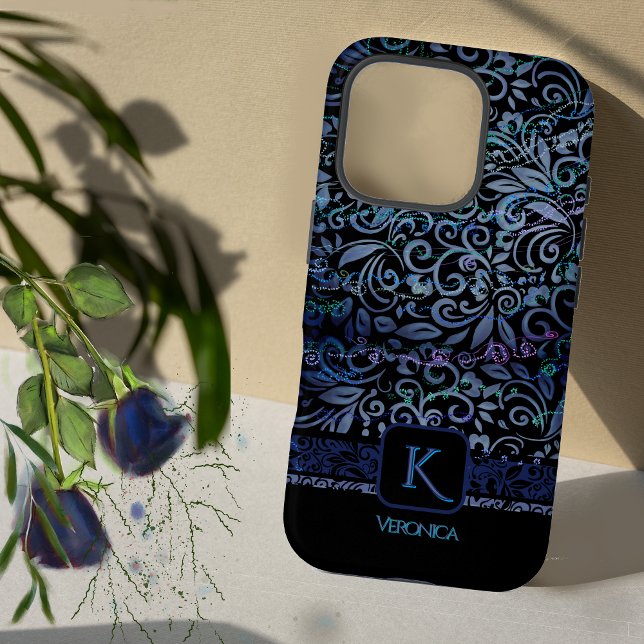 Coques Case-Mate iPhone Élégant Monogramme Floral Bleu Noir (Elegant Black Blue Floral Monogram Case-Mate iPhone Case)