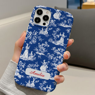 Coque iPhone 16 Pro Élégant monogramme floral chinoiserie toile bleue