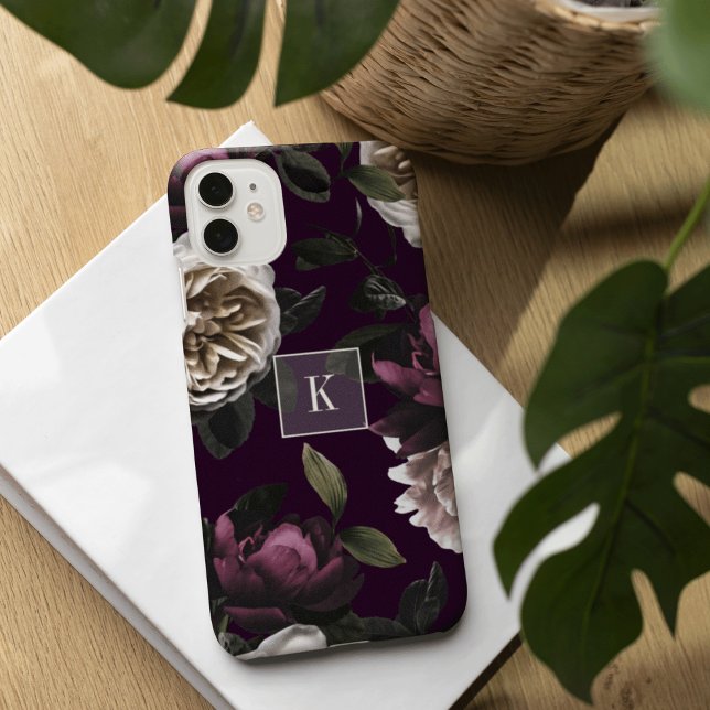 Coques Case-Mate iPhone Élégant Monogramme floral foncé (Créateur téléchargé)