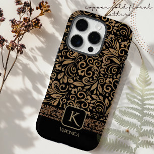 Coque iPhone 16 Pro Élégant Monogramme floral noir et cuivre