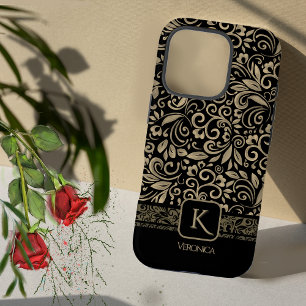 Coque iPhone 16 Pro Élégant Monogramme floral noir et or