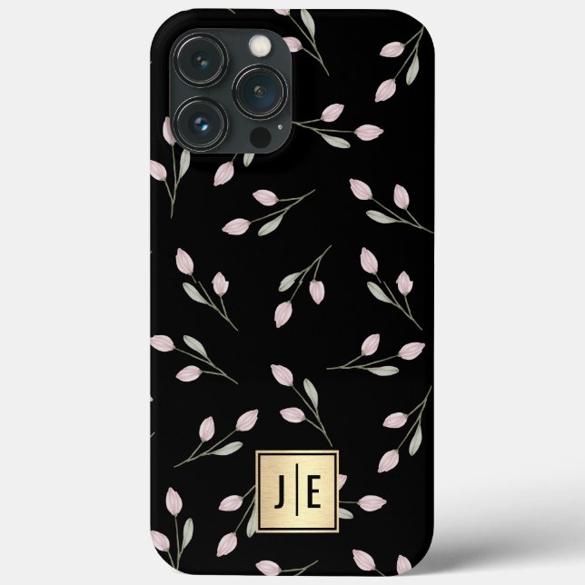 Coques Case-Mate iPhone Élégant Monogramme floral noir et or brillant (Verso)