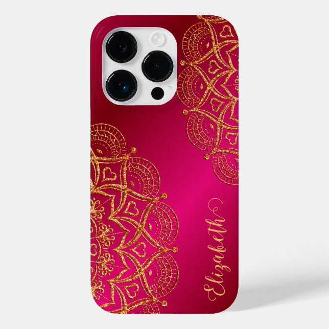 Coques Case-Mate iPhone Élégant Monogramme Hot Pink et Gold Mandala (Verso)