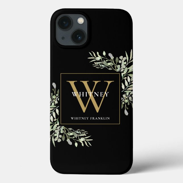 Coques Case-Mate iPhone Élégant Monogramme Moderne en Or sur Fond Noir ave (Verso)