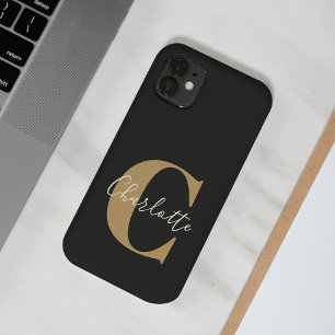 Coque Case-Mate iPhone Élégant Monogramme moderne Nom en Or Noir