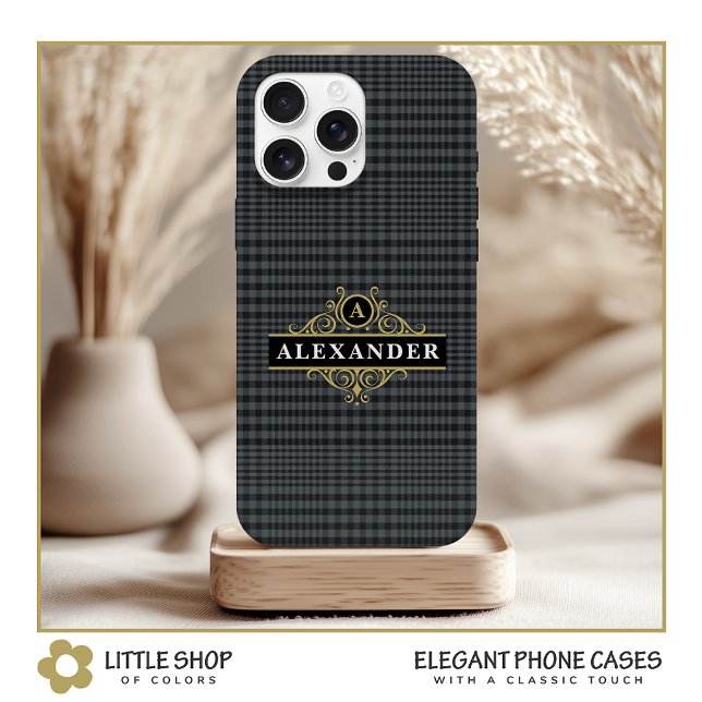 Coques Case-Mate iPhone Élégant monogramme noir or carreau Glen plaid (Créateur téléchargé)