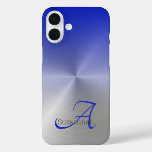 Coque Pour iPhone 16 Plus Élégant Monogramme Nom Bleu Ombre Faux Métal