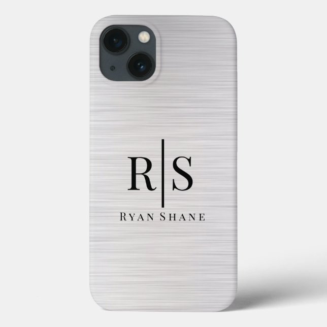 Coques Case-Mate iPhone Élégant Monogramme & Nom Noir, Argent Brossé (Verso)