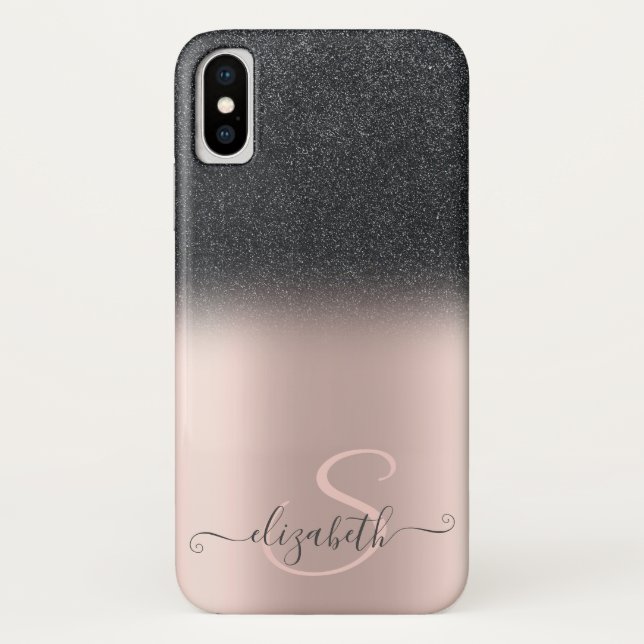 Coques Case-Mate iPhone Élégant monogramme ombré pailleté noir rose doré (Dos)