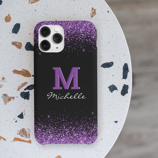 Coques Case-Mate iPhone Élégant Monogramme Paillettes Violettes (Créateur téléchargé)