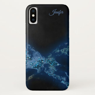 Coque iPhone X Élégant Monogramme Parties scintillant Bleue