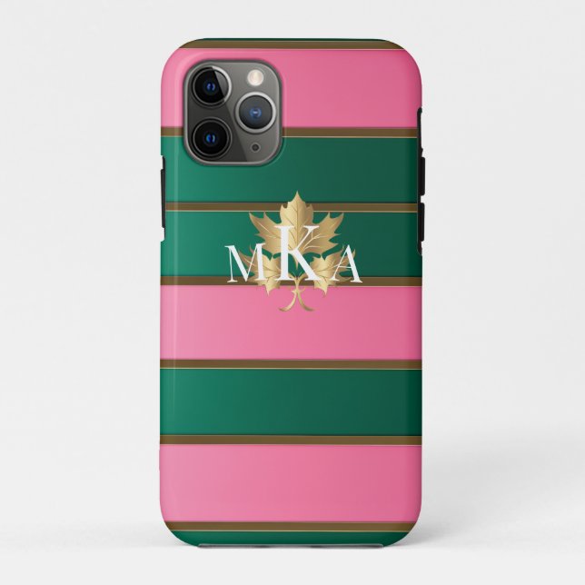 Coques Case-Mate iPhone Élégant Monogramme rose et vert (Dos)